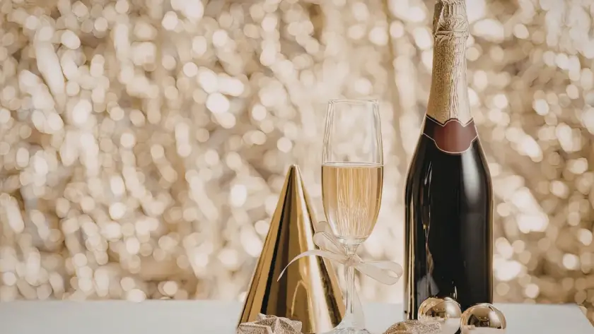 Elegant champagne bottle and flute surrounded by gold holiday decorations and sparkling lights, perfect for a festive corporate holiday party in Orlando.