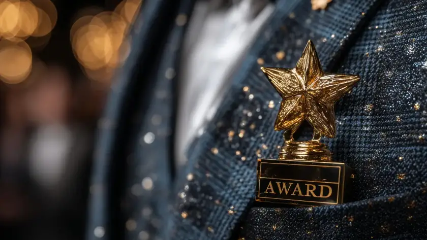 Close-up of a gold star award trophy in a suit pocket, symbolizing recognition and achievement at a formal awards event