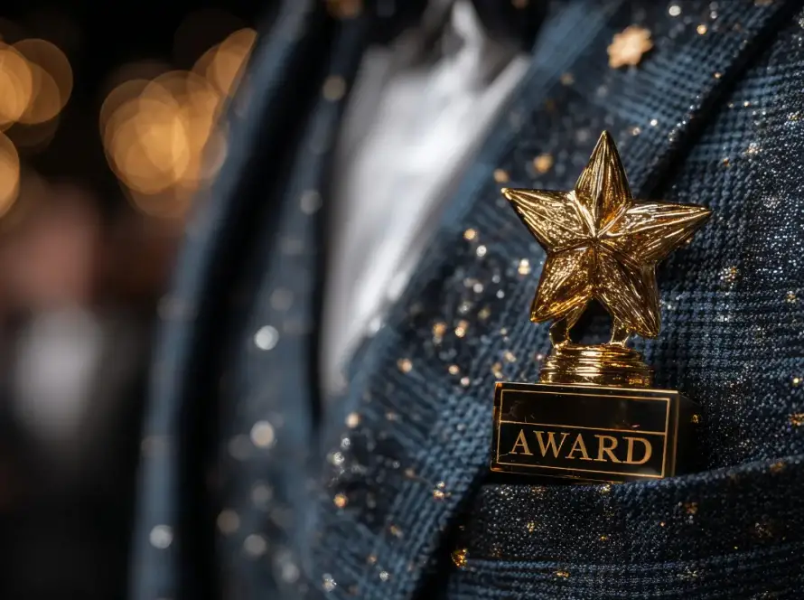 Close-up of a gold star award trophy in a suit pocket, symbolizing recognition and achievement at a formal awards event