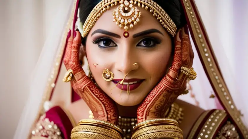 Close-up of a bride in traditional Indian wedding attire, adorned with gold jewelry, henna designs, and a red veil, showcasing intricate cultural bridal styling