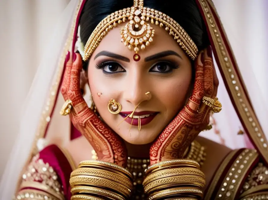 Close-up of a bride in traditional Indian wedding attire, adorned with gold jewelry, henna designs, and a red veil, showcasing intricate cultural bridal styling
