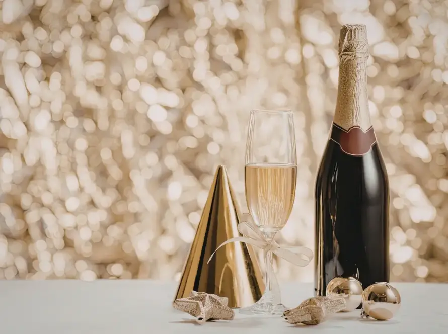 Elegant champagne bottle and flute surrounded by gold holiday decorations and sparkling lights, perfect for a festive corporate holiday party in Orlando.
